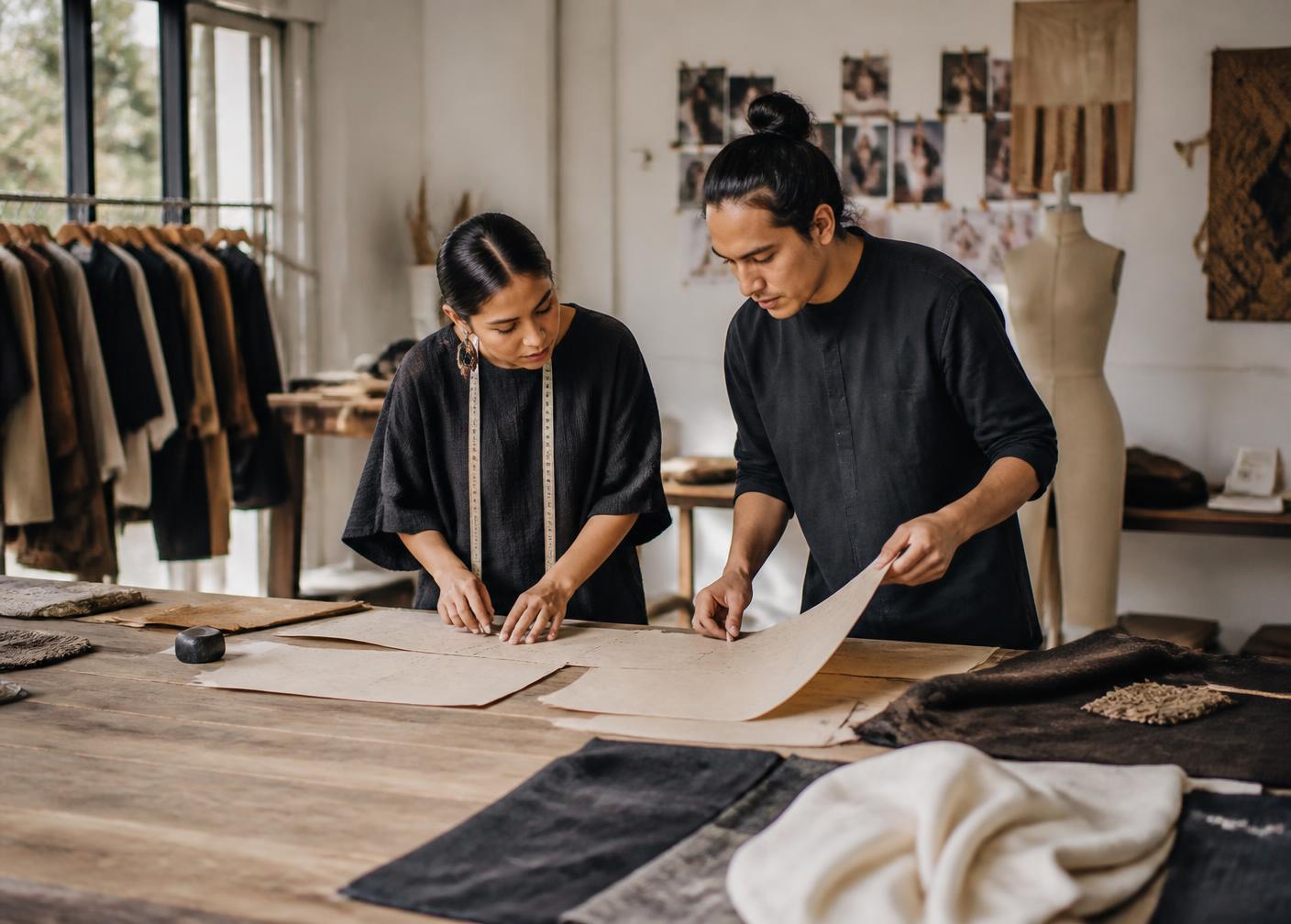 Dos diseñadores revisando patrones en un taller de moda latinoamericano
