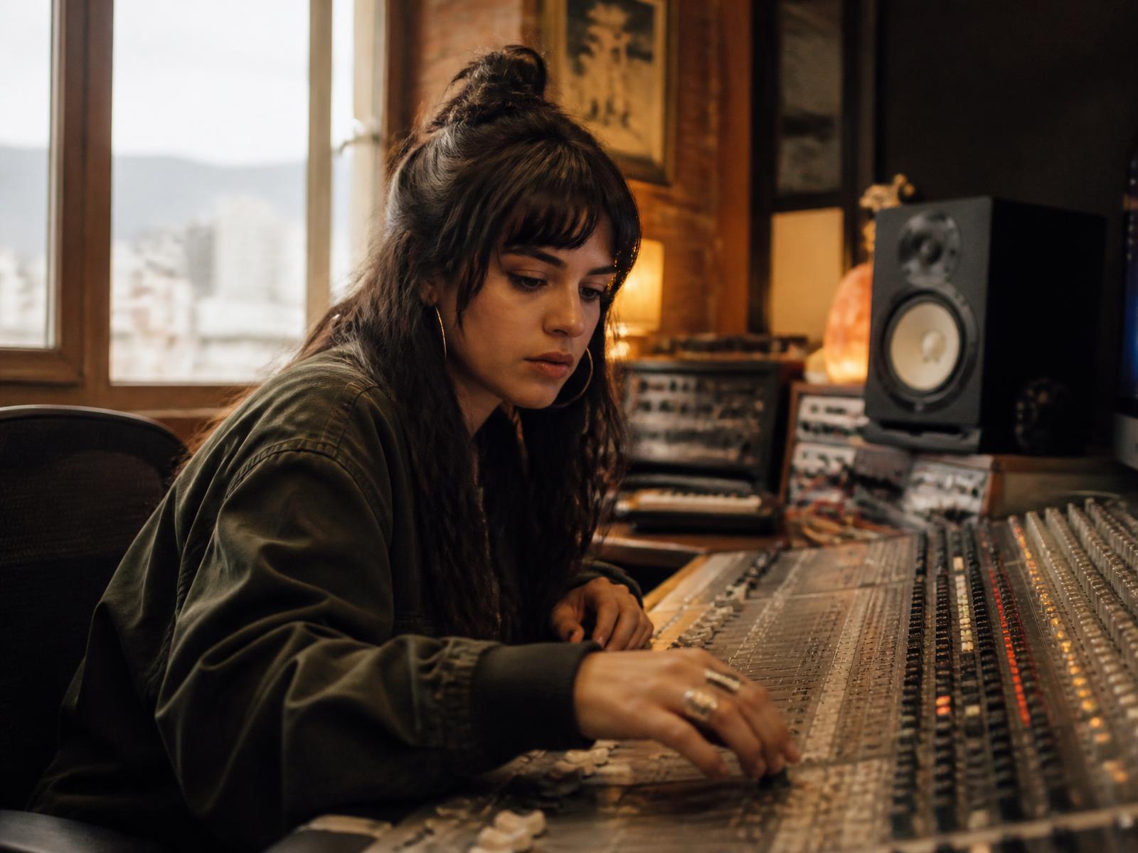 Productora musical trabajando en una consola de mezcla en un estudio de Bogotá